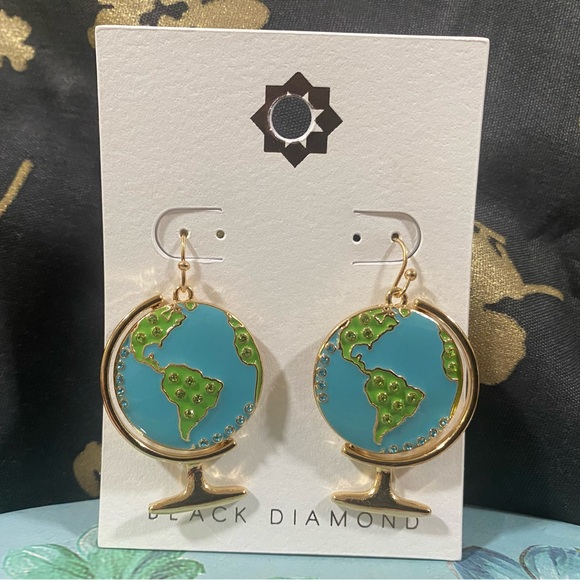 ⭐️NEW Black Diamond Gold Tone Metal Blue World Globe Drop Earrings - Picture 9 of 11